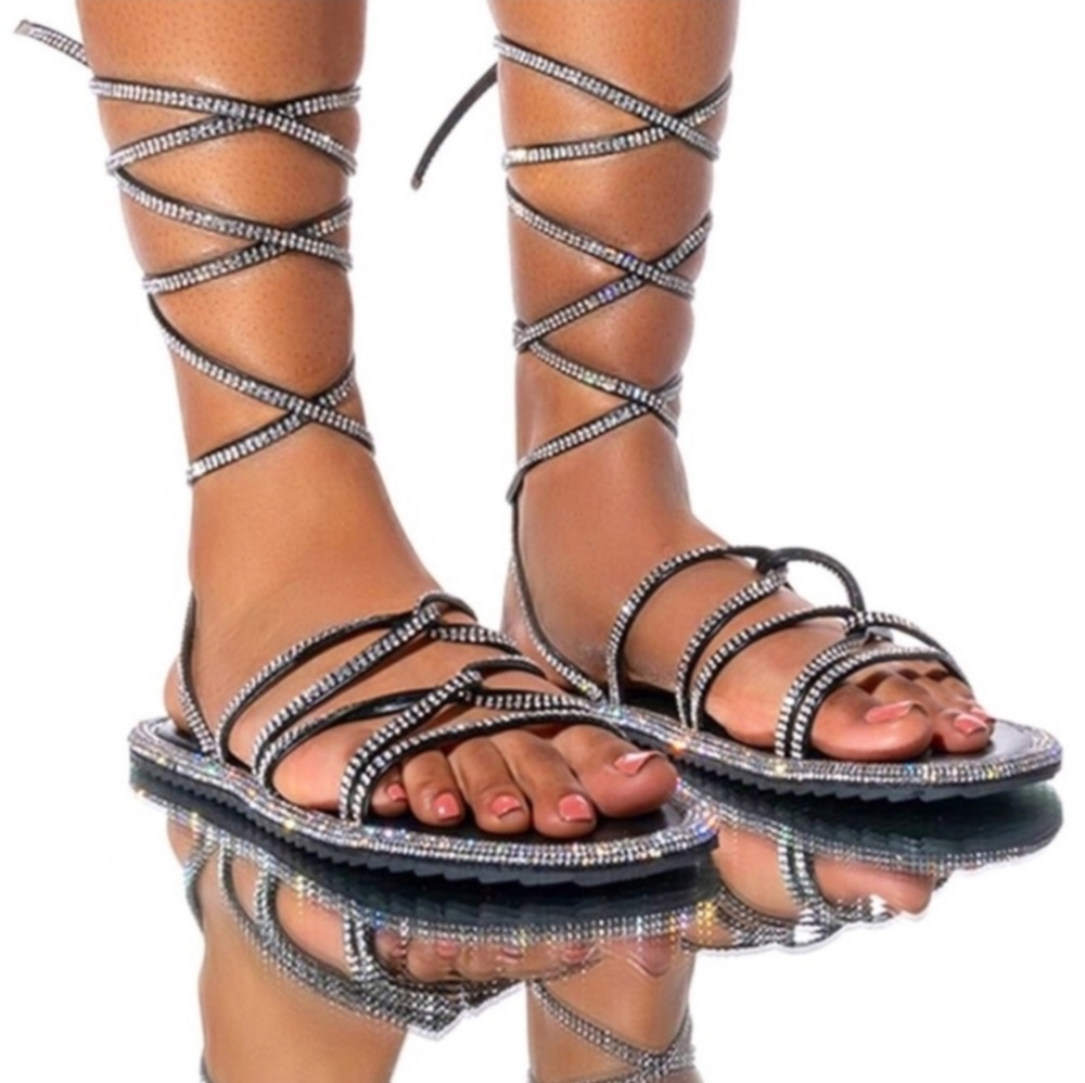 Azalea Wang 8.5 black silver rhinestone tie around ankle flats sandals shoes